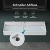A diagram illustrating the features of a white washbasin, with text overlays highlighting its benefits. Produktbild-Vorschau