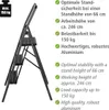 A dark gray, 3-step folding step stool is shown from a side-angle, with text describing its features in German and English. Produktbild-Vorschau