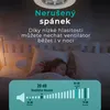 A girl sleeping in a bed with a ceiling fan above, and a graphic showing decibel levels. Náhled obrázku produktu