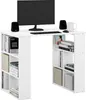 A white desk with a computer monitor, keyboard, speakers, and a mug on top. The desk has built-in shelving units on both sides, filled with books and boxes. Podgląd zdjęcia produktu