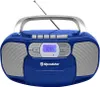 A blue Roadstar boombox with a silver handle and silver speaker grilles, shown against a white background. Voir les images du produit
