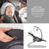 A collage of images showing a baby sleeping in a bouncer, a close-up of a hand adjusting the bouncer, and a view of the bouncer's frame with toys. Produktbild-Vorschau
