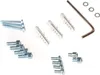 A collection of hardware components including screws, wall plugs, and an Allen key, laid out on a white background. Produktbild-Vorschau