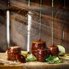 A rustic scene featuring several ceramic fermentation pots, cabbage, and sprouts, set against a wooden background with natural light filtering through. Podgląd zdjęcia produktu