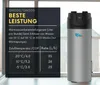 A water heater is shown next to a dark panel with performance data. Produktbild-Vorschau