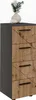 A tall, narrow chest of drawers with a dark gray body and four wooden drawers with a geometric pattern and black handles. A vase with greenery and a decorative stone sit on top. Voir les images du produit