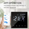 A hand holding a smartphone displaying a smart thermostat app next to a smart thermostat device. Produktbild-Vorschau