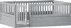 A gray wooden children's bed frame with a gate and railings, shown from a side-angle. Voir les images du produit