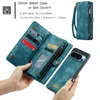 A person is holding a teal wallet case and a separate phone case. Produktbild-Vorschau