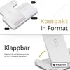 A collage of two images showing a white wireless charging station with dimensions and text highlighting its compact and foldable features. Produktbild-Vorschau