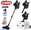 A collage of a cordless vacuum cleaner, its accessories, and a cat. Produktbild-Vorschau