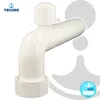 A white plumbing fitting with a logo and graphic elements. Produktbild-Vorschau