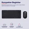 A black keyboard and mouse set are displayed on a light gray background, with marketing text and icons highlighting product features. Anteprima dell’immagine prodotto