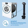 Diagram illustrating a washing machine component. A washing machine is shown with a cutaway revealing the drum suspended by springs and a support leg. A separate image shows the component in question, a damper, with a blue arrow connecting it to the washin Produktbild-Vorschau