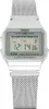 A close-up studio shot of a silver Casio digital watch with a mesh band against a white background. Produktbild-Vorschau