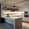 A modern, minimalist kitchen with a U-shaped countertop and pendant lights. Produktbild-Vorschau