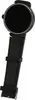 A black smartwatch with a jeweled bezel and a black leather strap is shown against a white background. Podgląd zdjęcia produktu