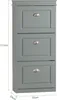 A gray shoe cabinet with three drawers and dimensions indicated. Podgląd zdjęcia produktu