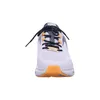 A front view of a white Skechers Slip Ins sneaker with orange accents. Voir les images du produit