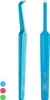Two blue TePe Compact Tuft brushes are shown against a white background. Small colored circles (white, blue, red, green) are visible in the bottom left corner. Produktbild-Vorschau