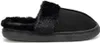 A side view of a black slipper with faux fur lining.