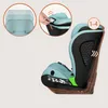 A side view of a teal and black child car seat, with inset images showing adjustable features. Produktbild-Vorschau