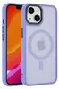 A close-up shot of an iPhone 14 case with a clear back and purple bumper, showing the MagSafe ring and Apple logo. Produktbild-Vorschau