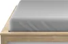 A close-up view of a light gray fitted sheet on a wooden bed frame. Produktbild-Vorschau