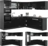 A collage of modern, black, high-gloss kitchen cabinets and appliances shown from different angles. Produktbild-Vorschau
