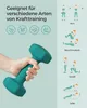 A hand holding a teal dumbbell, with illustrations of exercises on the right side of the image. Produktbild-Vorschau