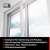 A white window frame is shown with the window slightly open, revealing a blue sky with clouds. A black box with red squares and white text is overlaid at the bottom. Produktbild-Vorschau