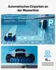 A pool cleaning robot is shown in a pool, demonstrating its automatic parking feature at the waterline. Another image shows the robot on the edge of the pool. Produktbild-Vorschau