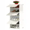 A white modular shoe rack with several shelves, each containing shoes. A potted plant with pink flowers sits on top. Náhľad obrázku produktu