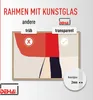 A marketing image comparing two types of glass for picture frames, one labeled 'trüb' (cloudy) with a red 'X' and the other labeled 'transparent' with a green checkmark. The product is a picture frame. Podgląd zdjęcia produktu