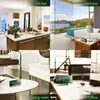 A collage of four different scenes showing a digital alarm clock in various home settings: kitchen, bedroom, living room, and office. Produktbild-Vorschau