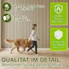 A child and a dog walk past a wall covered in vertical wooden slats, with marketing text and certifications overlaid on the image. Náhľad obrázku produktu