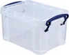 A clear, professional studio shot of a transparent storage box with blue handles. Náhled obrázku produktu