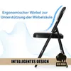 A black folding chair with text overlays highlighting its ergonomic design and a buffalo logo. Produktbild-Vorschau