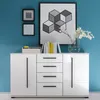 A white sideboard with drawers and doors, decorated with framed pictures and books on top, against a blue wall. Produktbild-Vorschau