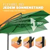 A green patio umbrella is shown tilted at various angles, with text and diagrams illustrating its flexibility and adjustment mechanisms. Produktbild-Vorschau