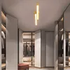A modern walk-in closet with built-in shelving and clothing racks, illuminated by a stylish gold LED ceiling light. Produktbild-Vorschau