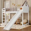 A children's loft bed with a slide, set up in a room with a playful banner and scattered dot rug. Produktbild-Vorschau