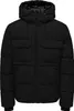 A black puffer jacket with a hood and two chest pockets.