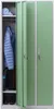 A three-compartment metal locker with one door open, revealing a blue jacket, a rolled towel, and shoes inside. Produktbild-Vorschau