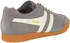 Side view of a grey Gola sneaker with cream stripes and a brown sole. Produktbild-Vorschau