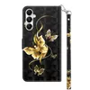 A black flip phone case with a gold butterfly design and a matching wrist strap against a white background. Produktbild-Vorschau