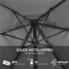 Close-up view of the internal structure of a gray umbrella, with text overlays highlighting product features. Produktbild-Vorschau