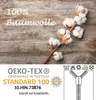 A close-up of cotton bolls on a wooden background, with OEKO-TEX certification details and laundry symbols. Produktbild-Vorschau