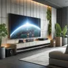 A modern living room with a large TV displaying an image of Earth, a media console, plants, and a sofa. Produktbild-Vorschau
