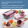 A collection of kitchen slicers and vegetables on a wooden cutting board. Produktbild-Vorschau